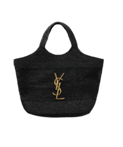 Maxi-Tote aus verziertem Raffia in Schwarz 38cm